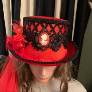 Red Felt Top Hat with Black Lace & Train